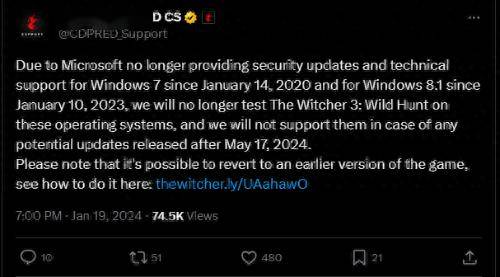 5月起Win781系统上巫师3的后续支持将停止